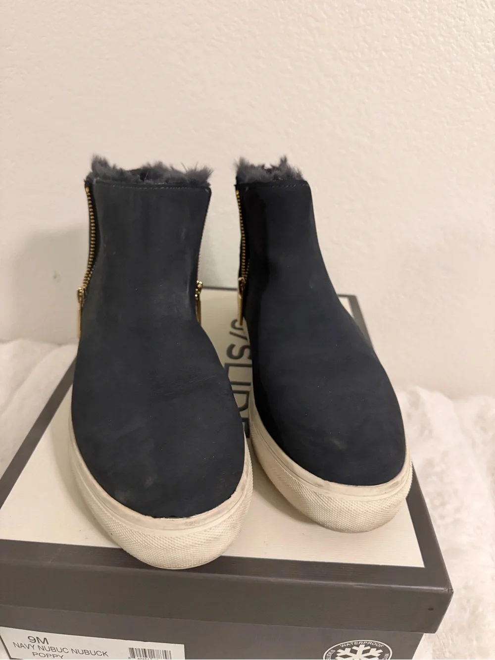 ⁠J/Slides Poppy Navy Nubuck Waterproof Faux Fur Booties 9